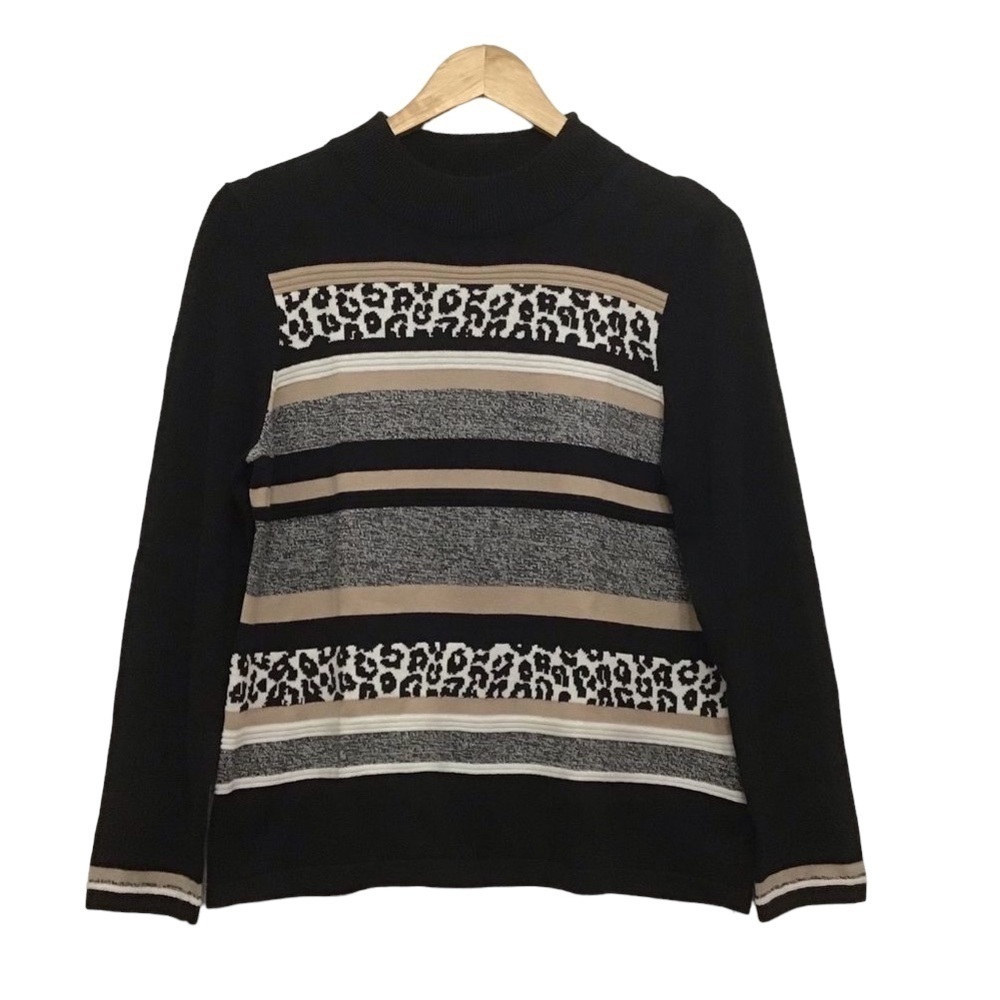𝅺alia petite knit sweater cotton blend black ecru beige animal pattern medium